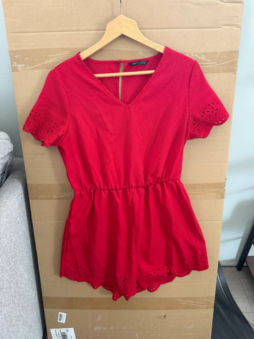 SHEIN Red Eyelet Scallop Romper Size L